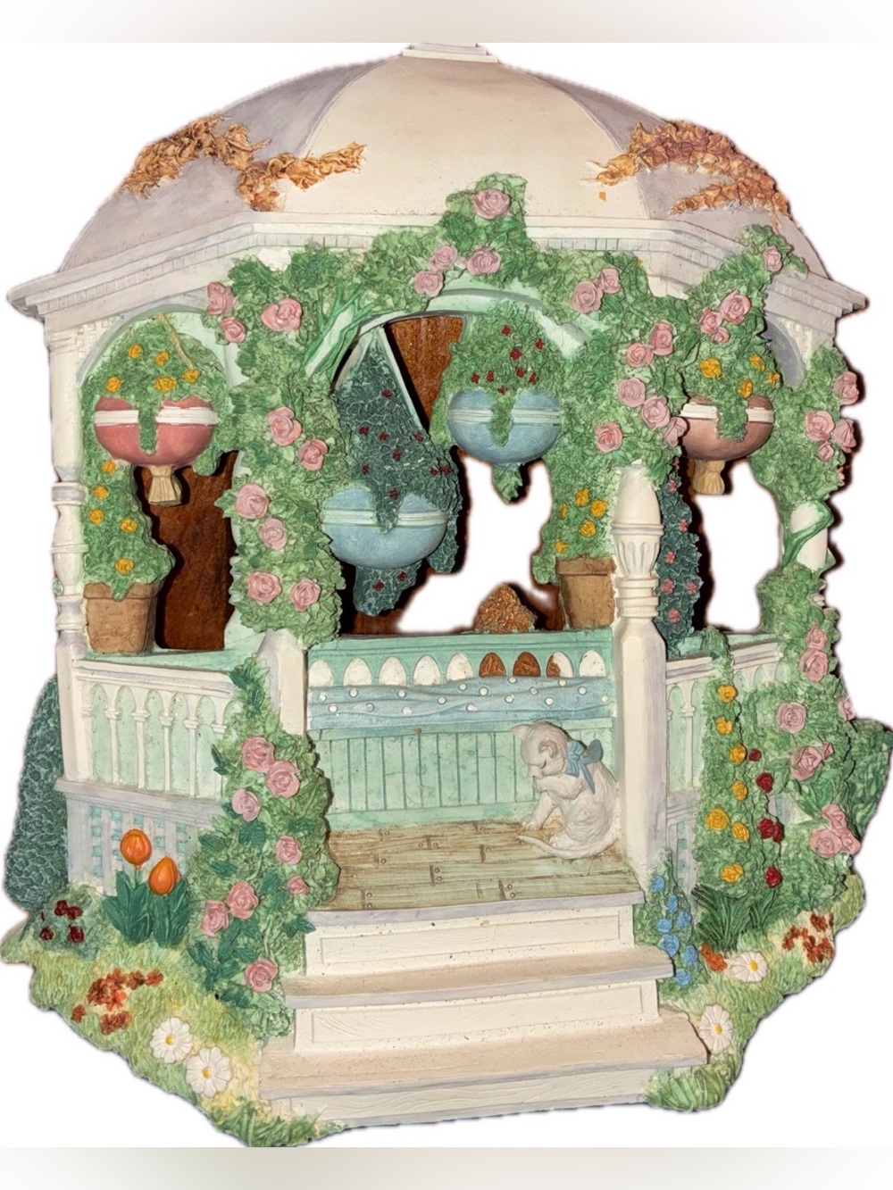 Vintage Lefton China Garden Gazebo Wall Plaque Cat & Roses 3D Resin 1994 CWH0153